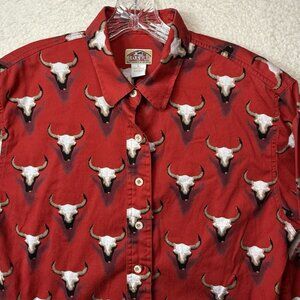 Vintage Barn Fly Shirt Women's Large Cowboy Western USA Steer Rodeo Ranch Red